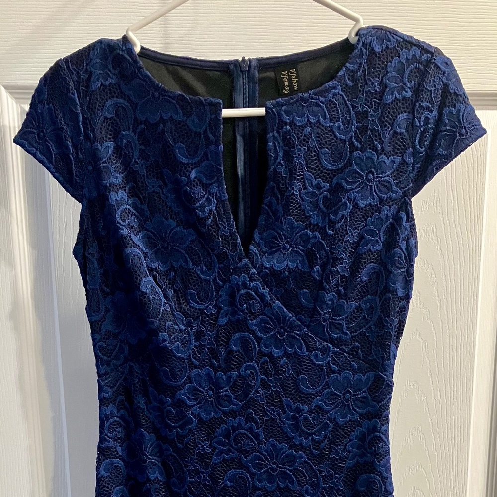 VfEmage Elegant V-neck Blue Laced Dress